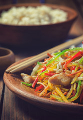 Stir fried vegetables with white chicken meat and sprouts