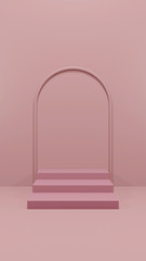 Pink arc with stairs in empty pink room, realistic 3d illustration. Winners podium front view, conceptual interior design with empty space for merchandising.