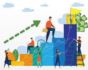 Company is engaged in the joint construction of column graphs, the rise of the career to success,business analysis. Business teamwork and creative growing graphs for money success. Vector illustration