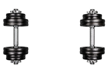 Two gym dumbbells, isolated on white background with clipping path, with space for your text in the middle. Top view, flat lay. Can be used as a gym background.