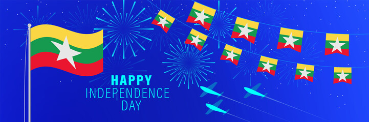 January 4 Myanmar Independence Day greeting card. Celebration background with fireworks, flags, flagpole and text.