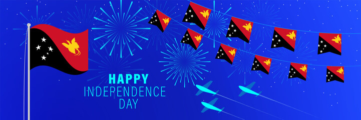 September 16 Papua New Guinea Independence Day greeting card. Celebration background with fireworks, flags, flagpole and text.