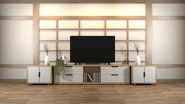 interior design,modern living room with smart tv,table,lamp,wood floor and white wall minimal style.3D rendering