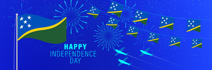 July 7 Solomon Islands Independence Day greeting card. Celebration background with fireworks, flags, flagpole and text.