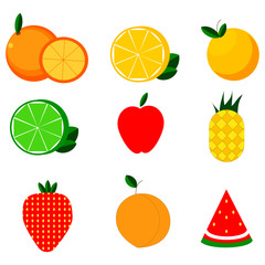 Flat Vector image with berries and fruits. Orange, pineapple, lemon, lime, strawberry, watermelon. RAW, vegan, healthy food. Tasty food, image for the print. 