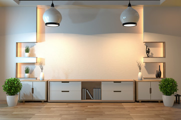 Empty zen room interior background with shelf wall japanese style design hidden light.3d rendering