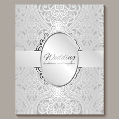 Wedding invitation card with silver shiny eastern and baroque rich foliage. Intricate Ornate islamic background for your design. Islam, Arabic, Indian, Dubai.