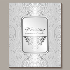 Wedding invitation card with silver shiny eastern and baroque rich foliage. Intricate Ornate islamic background for your design. Islam, Arabic, Indian, Dubai.