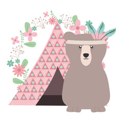 bear grizzly with feathers hat and indian tent
