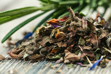Assortment of dry tea leaves close up