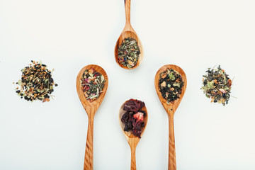 leaf  tea in a wooden spoon isolated on white background