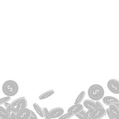 American dollar coins falling. Scattered black and