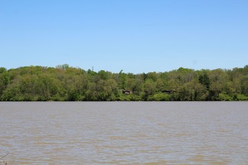 The calm water of the lake on a sunny spring day.