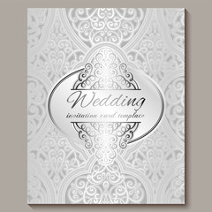 Wedding invitation card with silver shiny eastern and baroque rich foliage. Intricate Ornate islamic background for your design. Islam, Arabic, Indian, Dubai.