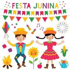 Festa Junina dancing couple and decoration, traditional Brazil June party