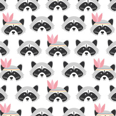 cute raccoons with feathers hats woodland pattern