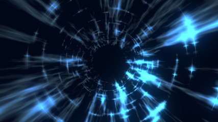 The travel through a blue wormhole filled with star. Warp in science black hole vortex hyperspace tunnel.