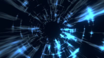 Obraz premium The travel through a blue wormhole filled with star. Warp in science black hole vortex hyperspace tunnel.