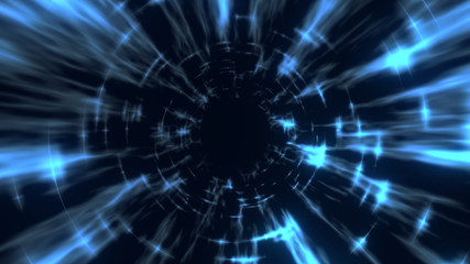 The travel through a blue wormhole filled with star. Warp in science black hole vortex hyperspace tunnel.