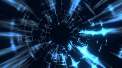 The travel through a blue wormhole filled with star. Warp in science black hole vortex hyperspace tunnel.