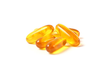 Omega-3 capsules on a white background. Fish oil, healthy supplements