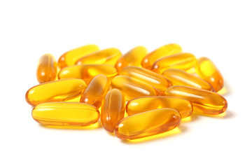 Omega-3 capsules on a white background. Fish oil, healthy supplements