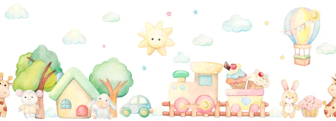 Cercles muraux Chambre de bébé aquarelle, illustration pour enfants, jouets, modèle sans couture
