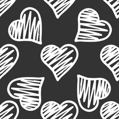 White hearts seamless pattern on black background. Valentines Day backdrop.