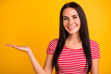 Close up photo of lovely nice pretty youth have ads advise choice decision feel positive cheerful content isolated wear modern clothing yellow bright background