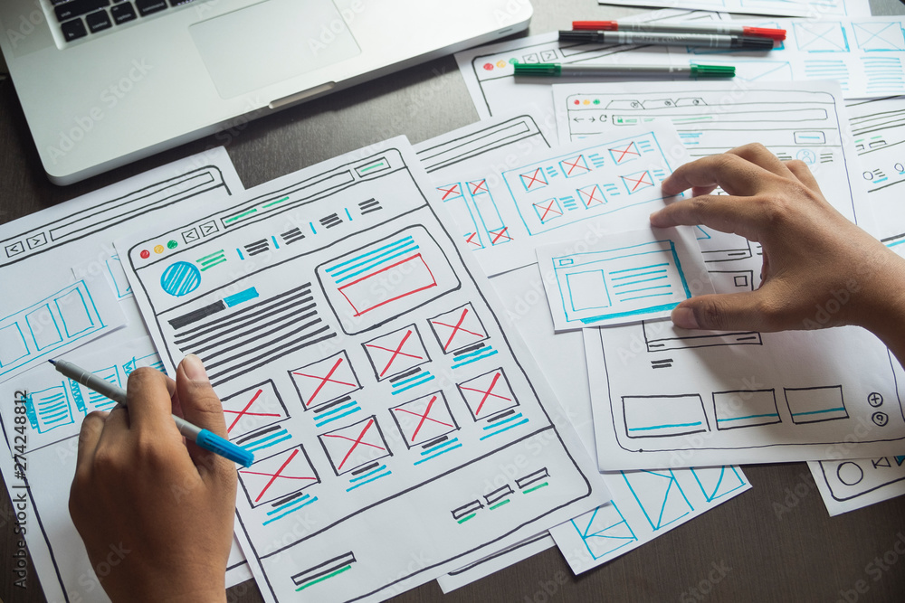 Aufkleber website designer creative planning application developer development draft sketch drawing template l