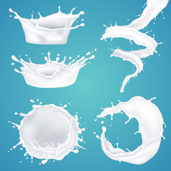 Realistic milk flow and splash set, isolated on blue background.