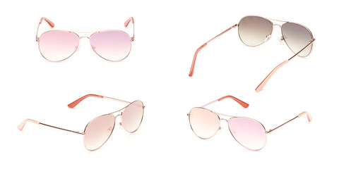 Sunglasses gold frame aviator with multi colored Mirror Lens isolated on white background....