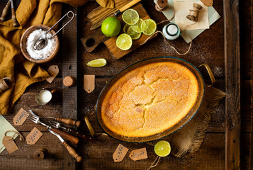 Overhead shot of homemade casserole, pudding, cheesecake, tart, pie or mousse in oval glass baking dish 