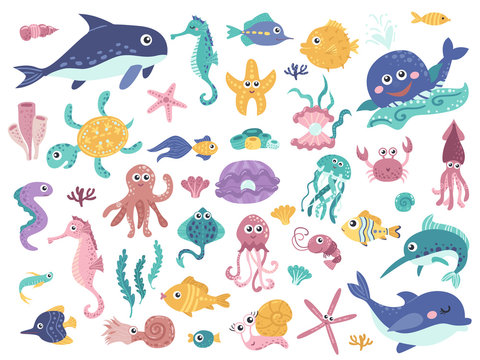 Big set of cute marine inhabitants.
