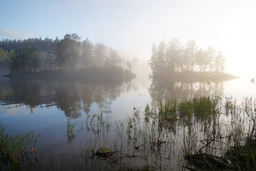 Naklejka na ściany i meble Foggy morning landscape on the lake, Valaam Island, Karelia, Russia.