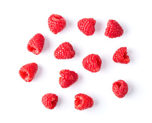 ripe raspberries isolated on white background. top view