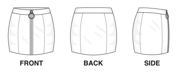 Isolated Skirt Dress object of clothes and fashion stylish wear fill in blank. Regular Leg Casual Trouser Zipper Sexy Skirt Illustration Vector Template. Front, back and side view