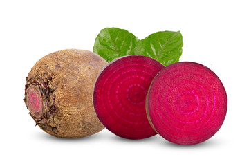  beetroot vegetables and a half with leaf  isolated on white background. full depth of field