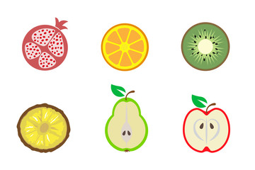 pomegranate, orange, pineapple, kiwi, pear, apple in section. Fruit on white background. Summer time