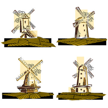 Set of color simple windmills badges.