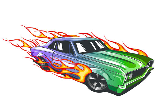vector muscle car with flames Crazy race Stock Vector | Adobe Stock