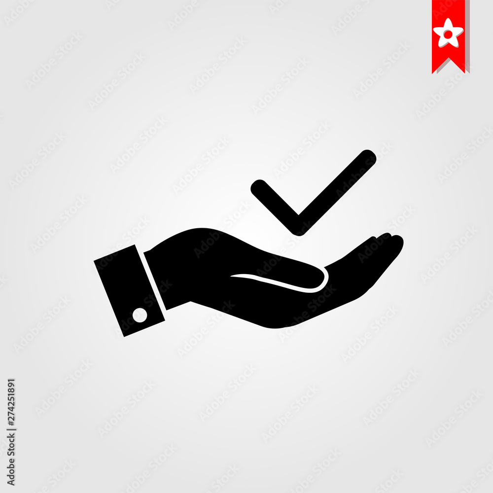 Poster checkmark on hand icon flat style isolated on background