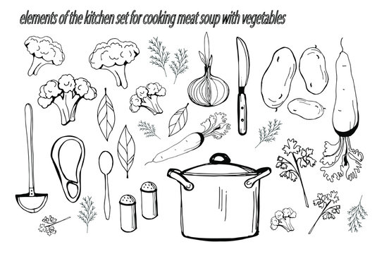 vector-isolated image elements of the kitchen set for cooking meat soup with vegetables