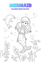 Cute mermaid cartoon character, vector illustration. Coloring book for kids.