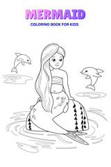 Cute mermaid cartoon character with dolphin, vector illustration. Set of coloring book for kids.