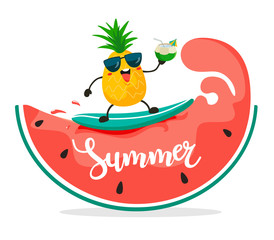 Funny surfer pineapple rides on watermelon waves. Summer illustration in cartoon style. Vector