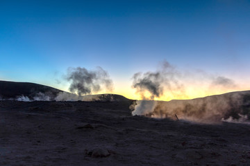 The Sol de la Manana, Rising Sun steaming geyser field high up in a massive crater in Bolivian Altiplano, Bolivia