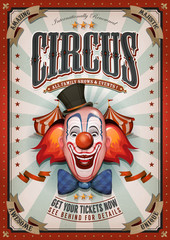 Vintage Circus Poster With Big Top/ Illustration of retro and vintage circus poster background, with design clown face and grunge texture for arts festival events and entertainment background - obrazy, fototapety, plakaty