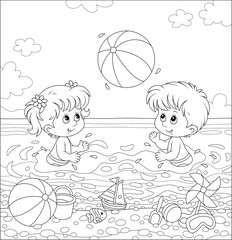 Happy little kids playing a big ball in water on a sea beach on a sunny summer day, black and white vector illustration in a cartoon style for a coloring book