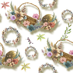 Watercolor painting of leaf and flowers, seamless pattern on white background